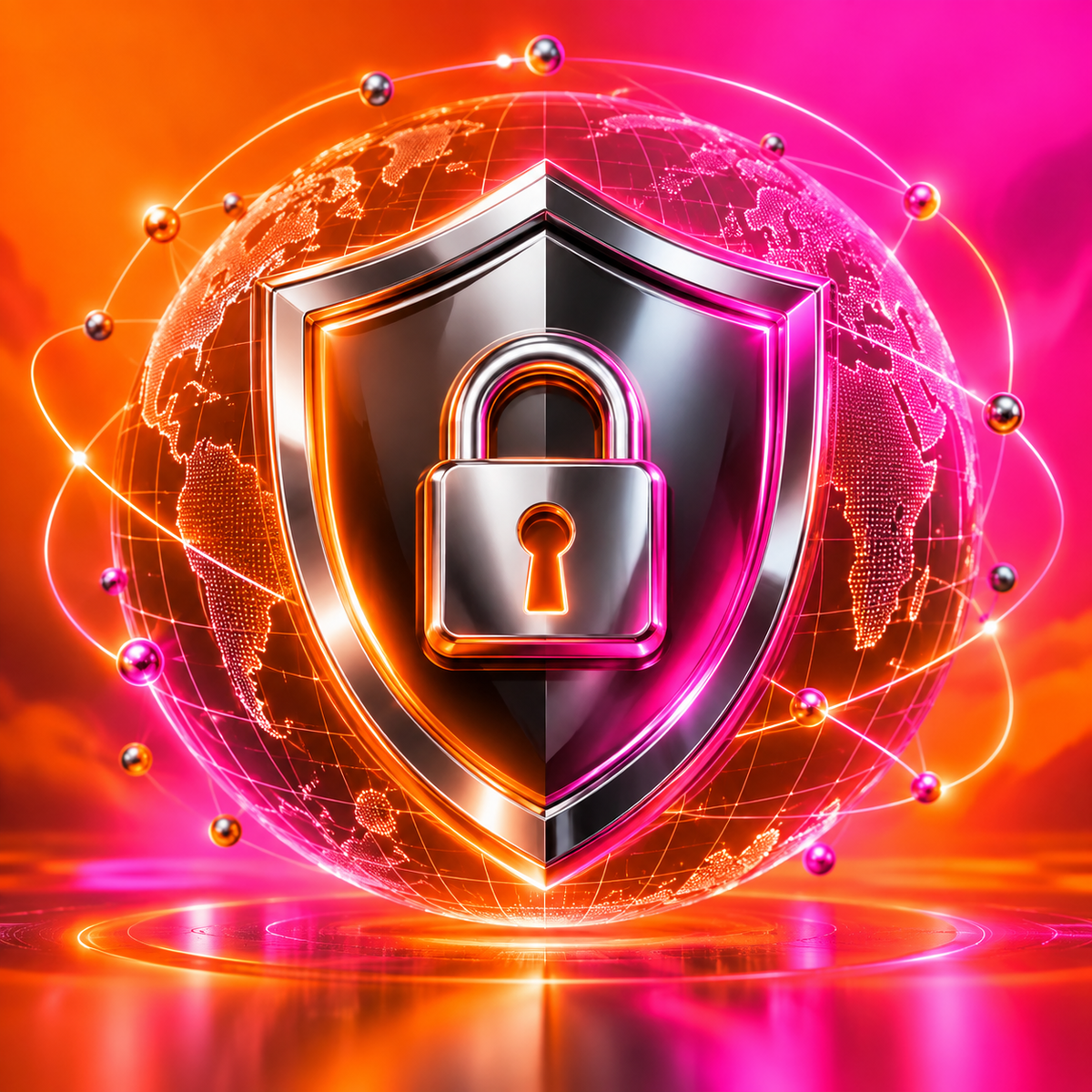 Chrome privacy shield and lock against a glowing neon orange and pink network globe
