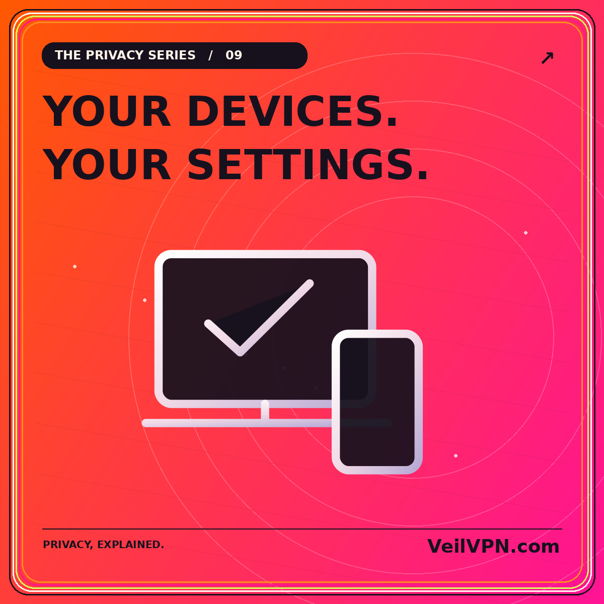 YOUR DEVICES. — YOUR SETTINGS.: neon orange-and-pink vpn setup on windows, macos, android, and ios illustration with VeilVPN.com branding