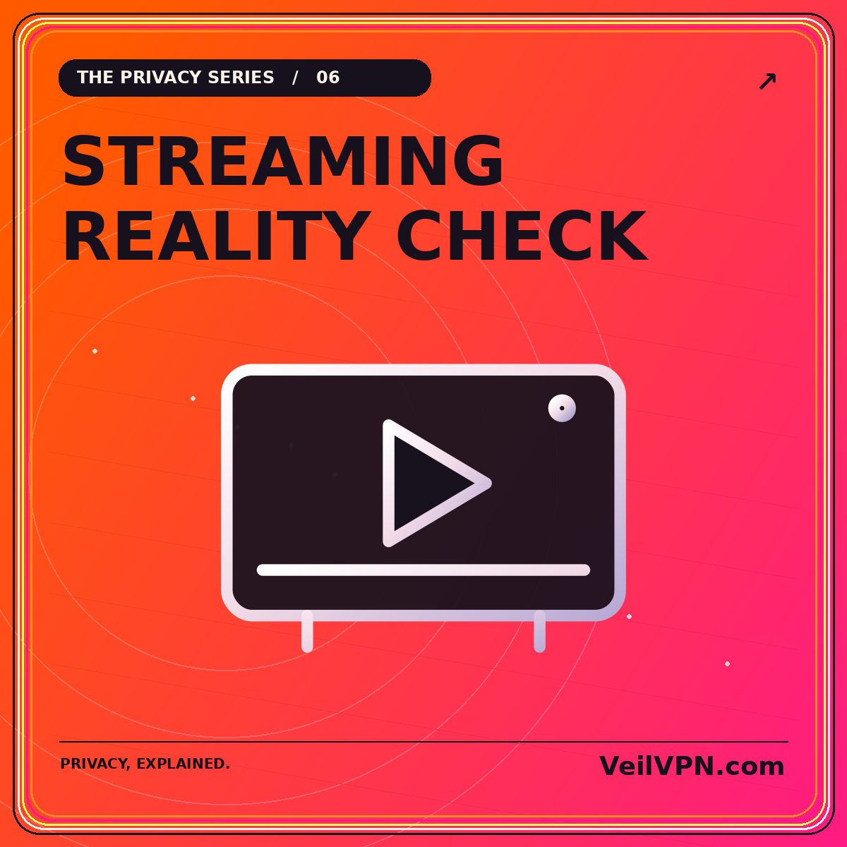 STREAMING — REALITY CHECK: neon orange-and-pink vpns for streaming illustration with VeilVPN.com branding