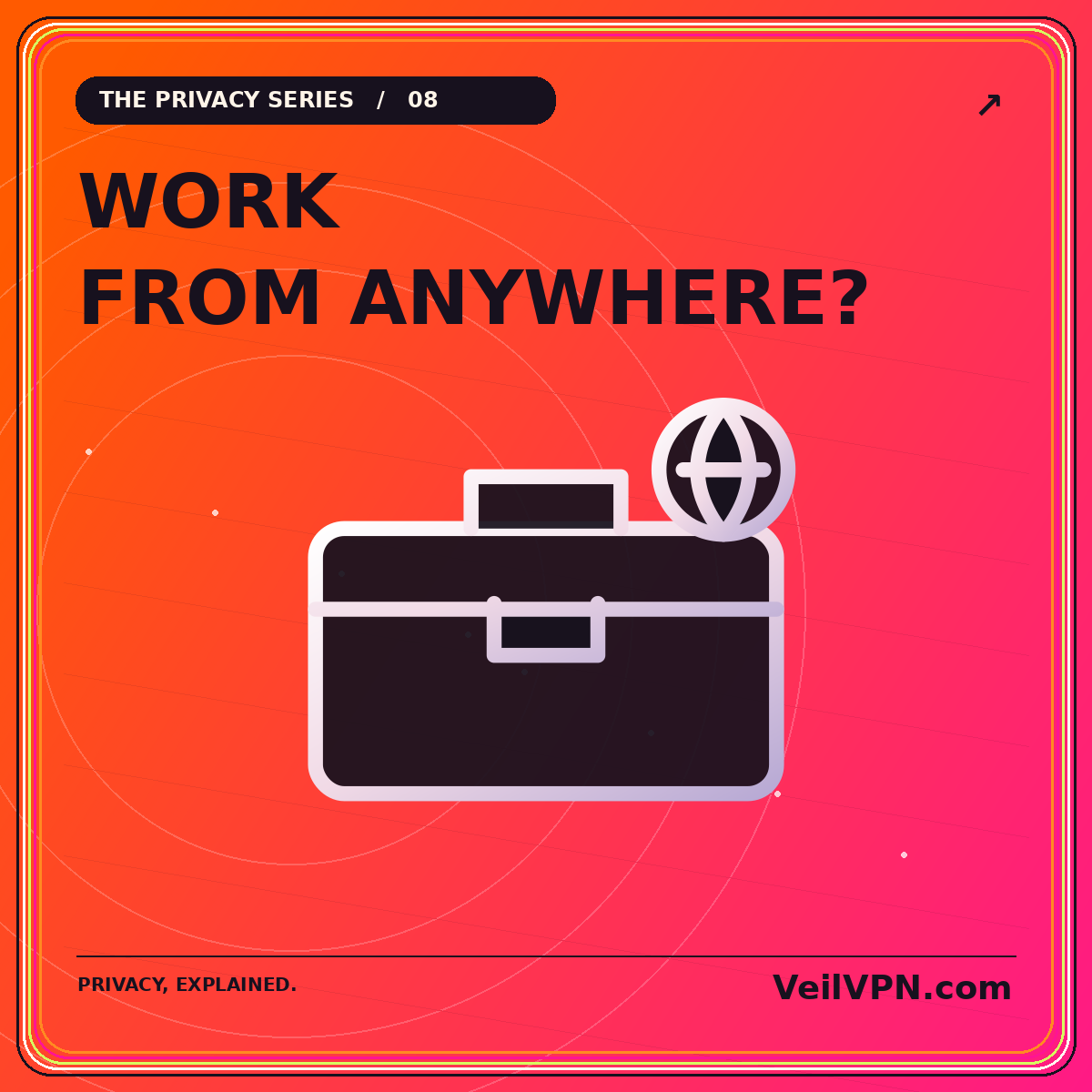 WORK — FROM ANYWHERE?: neon orange-and-pink vpns for travel and remote work illustration with VeilVPN.com branding